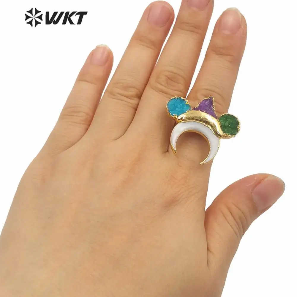 WT-MPR004 Natural Druzy Stone Party Ring With White Shell Crescent Horn Shape Adjustable Size Women Colorful Jewelry