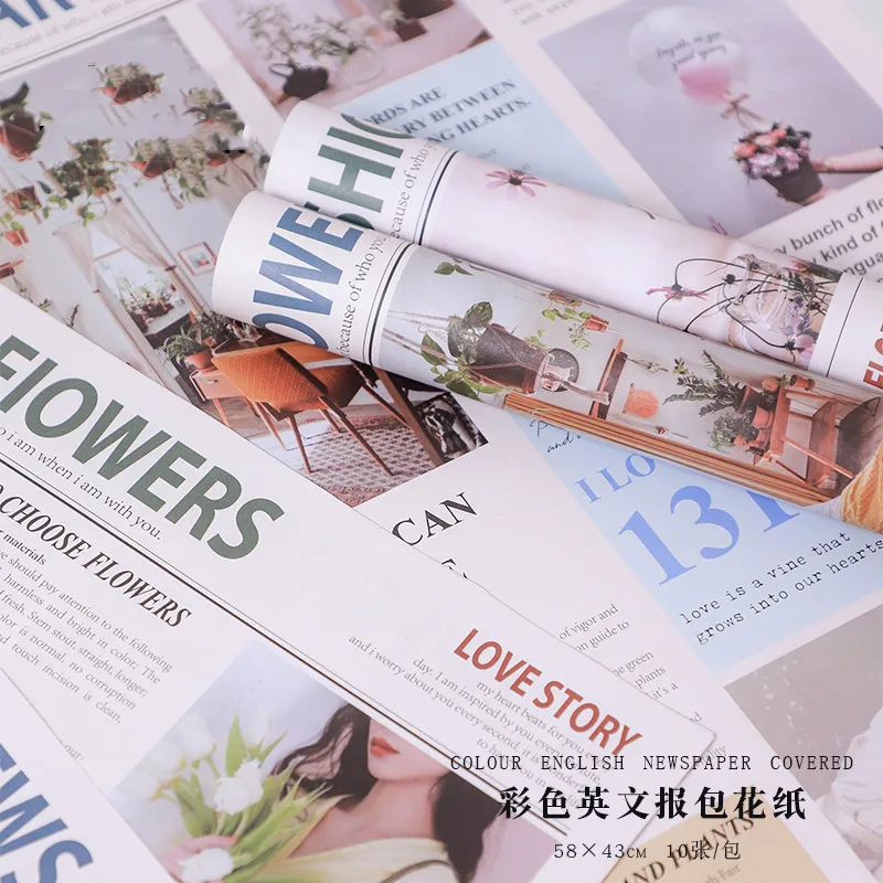 10pcs Flower Packaging Papers Colorful English Newspaper Flower Shop Floral Packaging Flower Materials