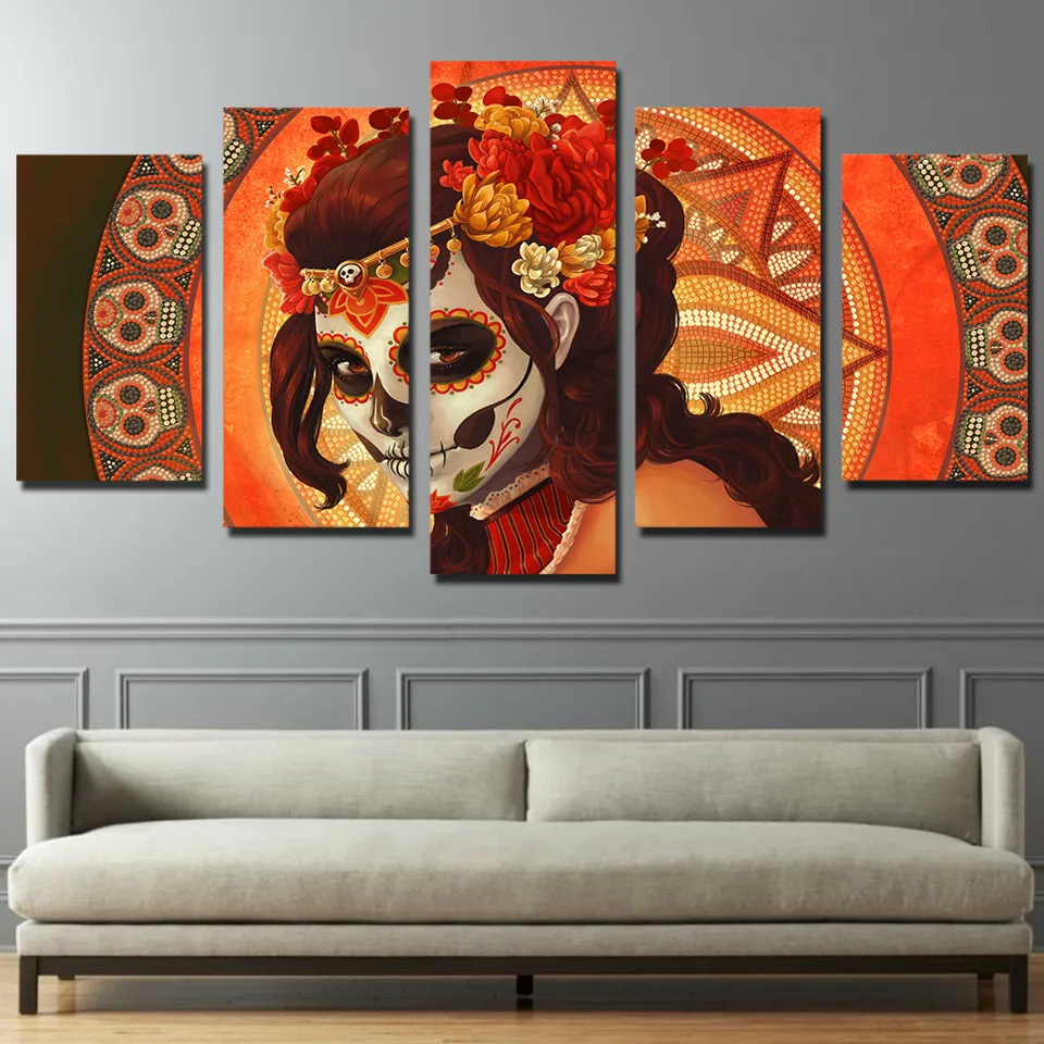HD 5 pieces Canvas Art HD Print Dead Day Sugar Skull Group Canvas Painting Modular Picture