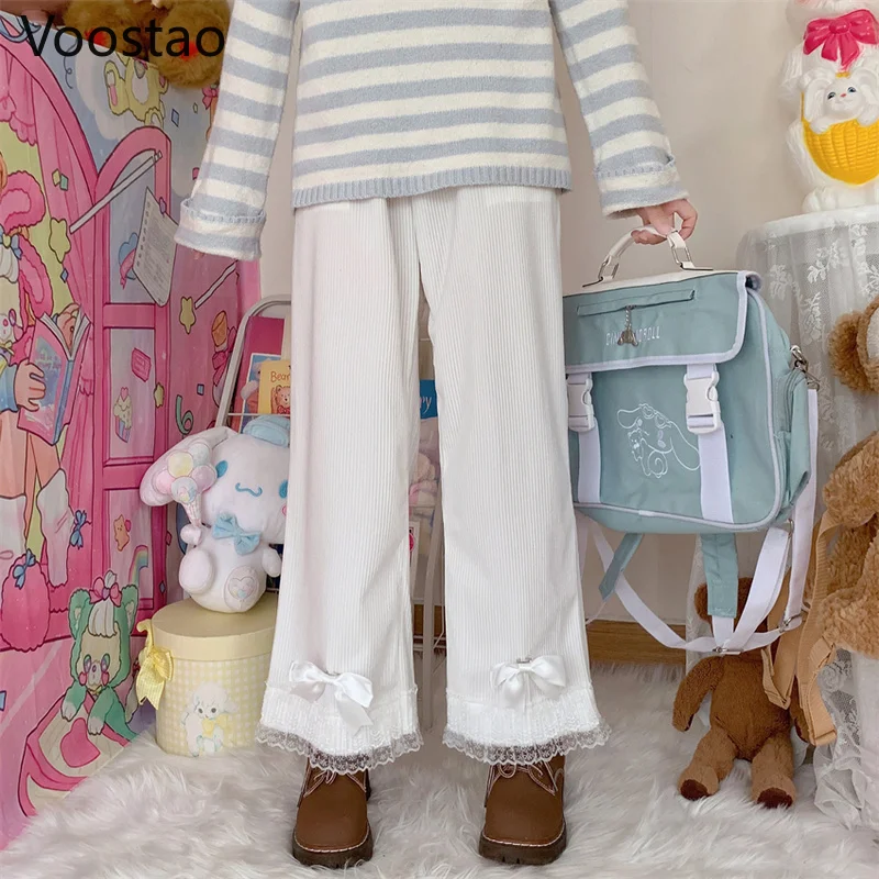 Autumn Japanese Women Sweet Lolita Style Lace Bow Corduroy Wide Leg Pants Girls Harajuku Casual Loose Sweatpants Kawaii Trousers