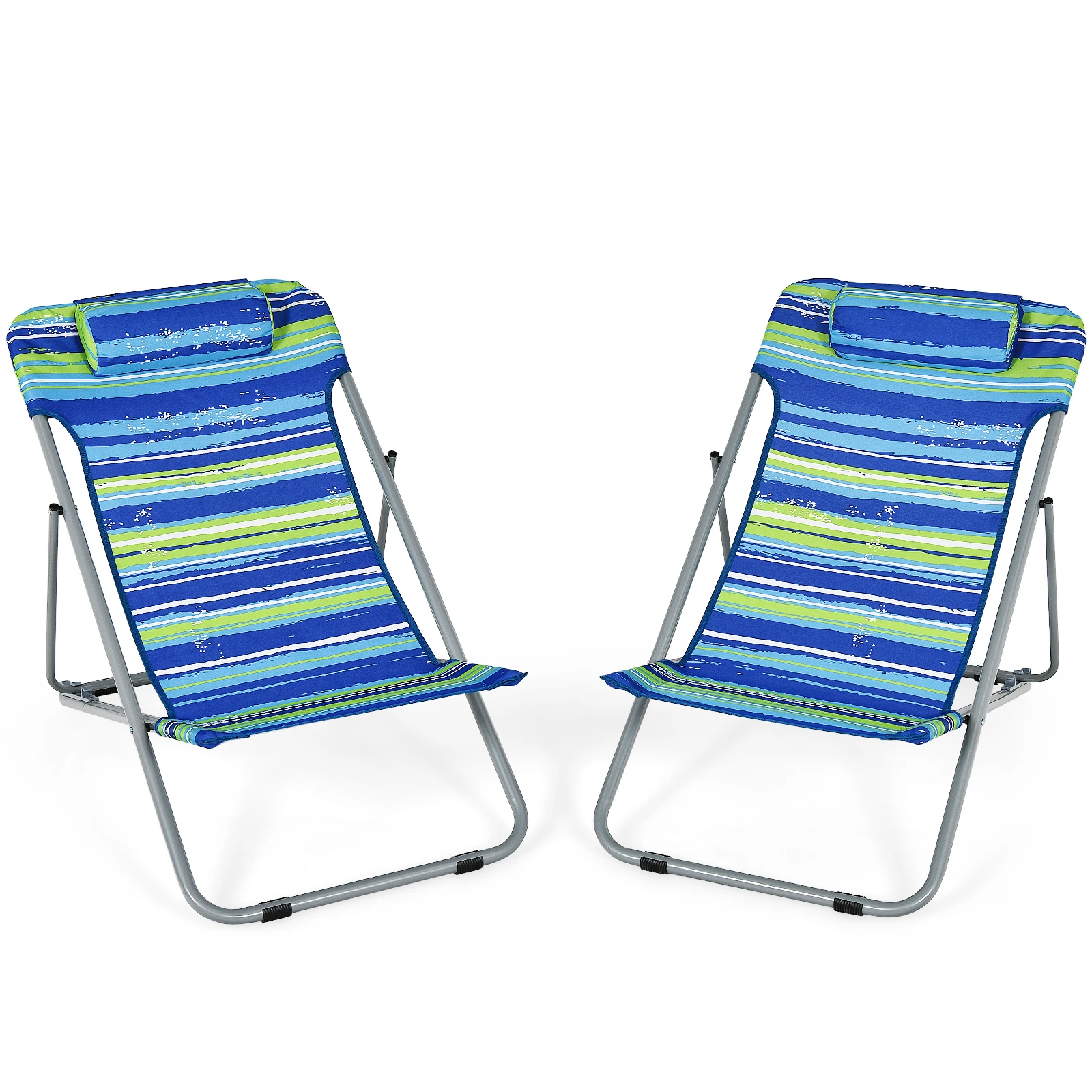 Patiojoy Set of 2 Beach Chair Portable 3-Position Lounge Chair w/ Headrest Blue