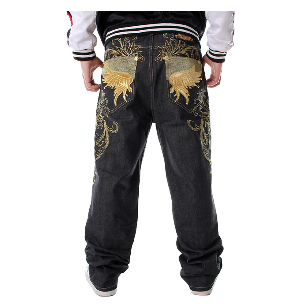 Men's hiphop jeans Loose plus large size embroidery wings baggy denim pants Male hip hop streetwear long trousers