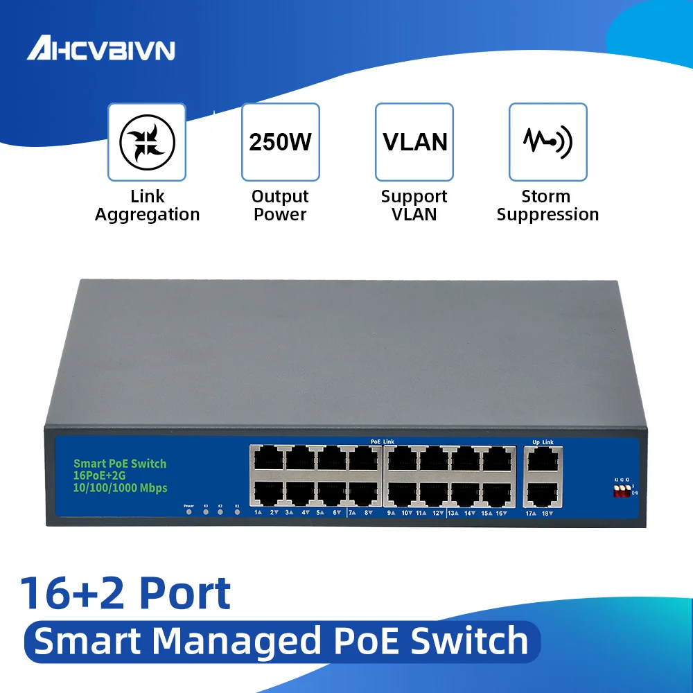 

16+2 POE switch with standardized RJ45 port IEEE 802.3 af/at 18port Network switch Ethernet with 10/100Mbps for POE cameras