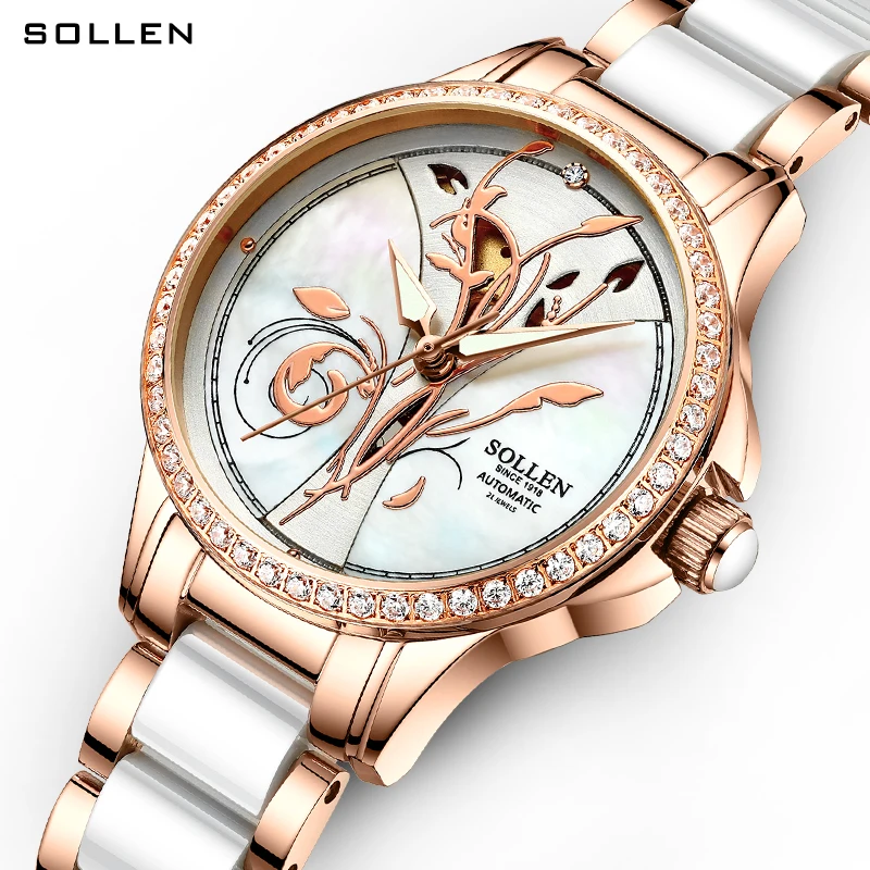 

Switzerland Luxury Brand SOLLEN Automatic Mechanical Women's Watches Waterproof Diamond Space Ceramic Band Skeleton Clocks SL415