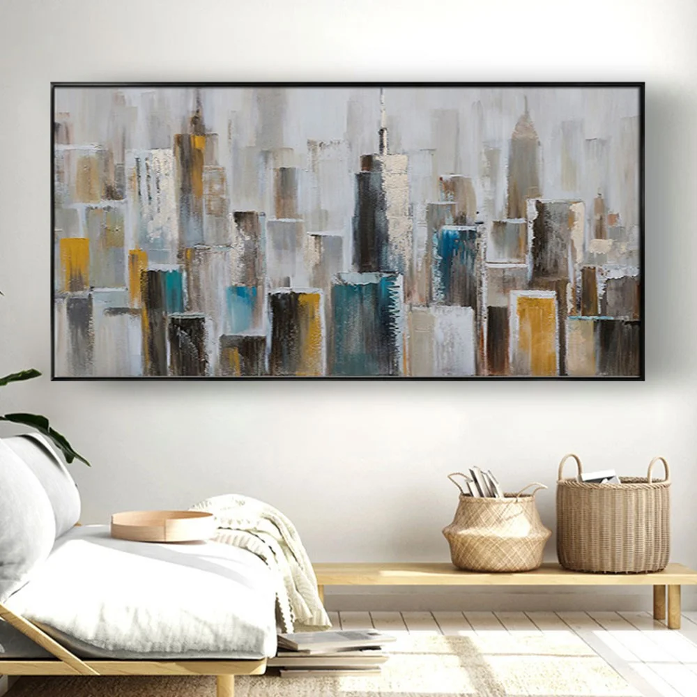 

100% Hand-Painted Abstract Oil Painting New York City Panorama Wall Art Golden Off-White Canvas Salon Mural Decor Living Room