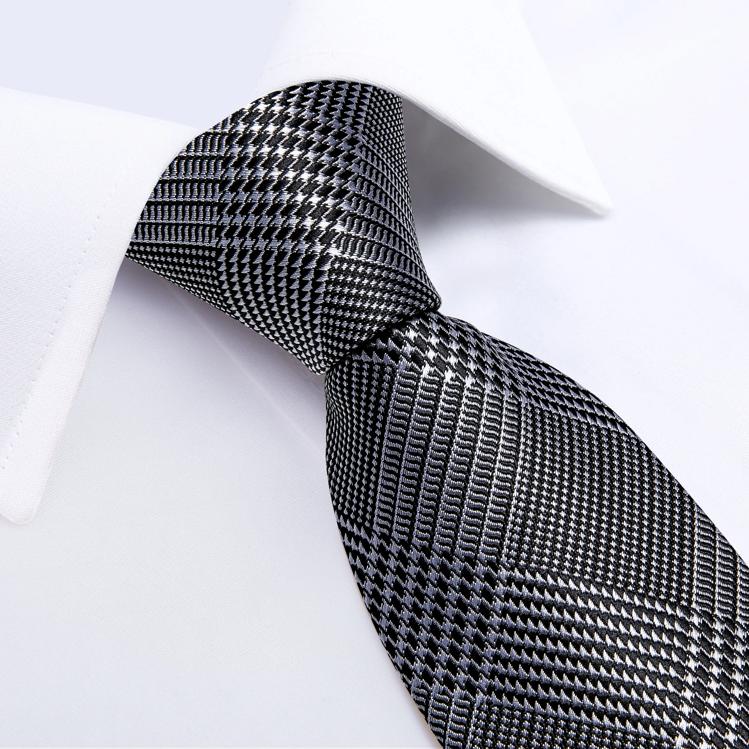 Luxury Black Silver Houndstooth 8Cm Ties สำหรับผู้ชายงานแต่งงาน Tie ผ้าเช็ดหน้า Cufflinks เข็มกลัดบุรุษของขวัญ