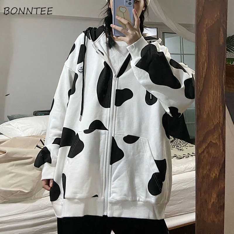 

With Hat Hoodies Women New Cow BF Print Streetwear Female Loose Harajuku Femme Warm Trendy Cute Zipper Schoolgirls All-match