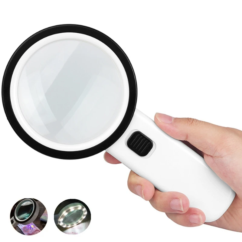 10X Illuminated Magnifier Large Lens Jewelry Magnifying Glasses with 12 LED 1UV Light Reading Repairing Lupa f Low Vision Aids