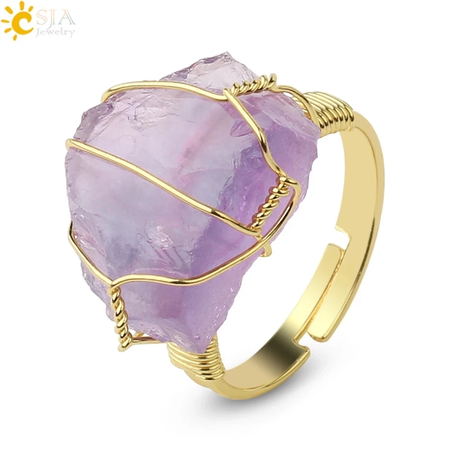 CSJA Natural Crystal Stone Rings Irregular Wire Wrap Women Men Healing Amethysts Fluorite Gold-color Resizable Quartz Ring G339