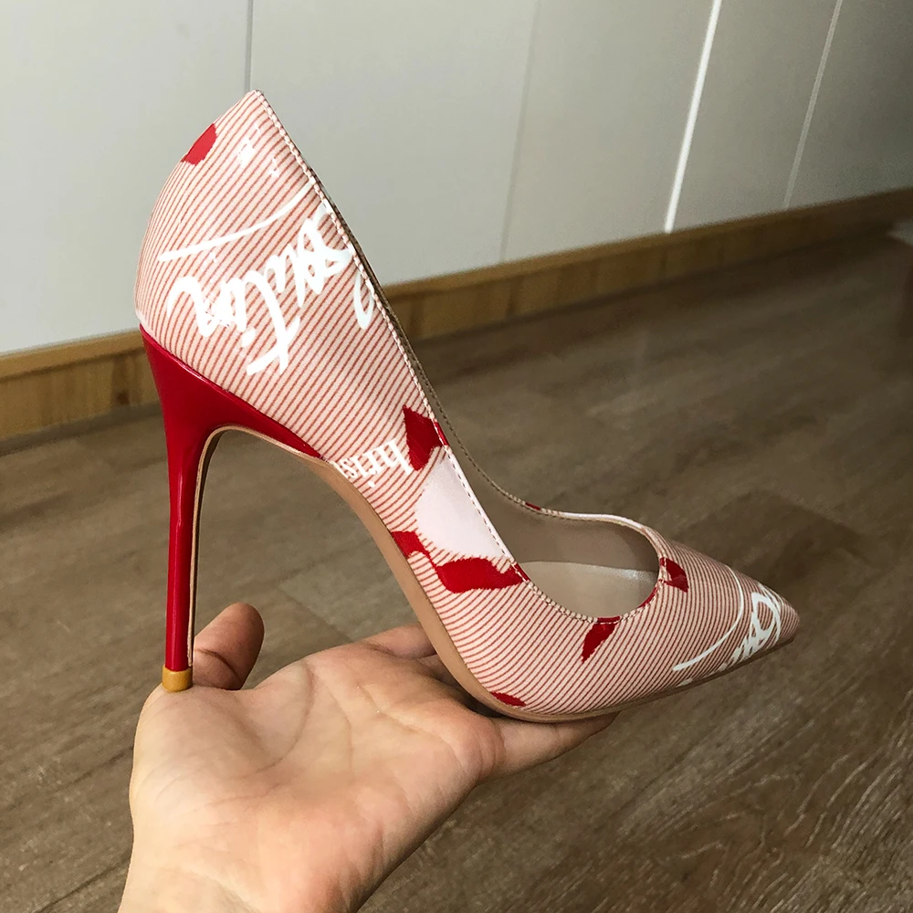 Veowalk Graphic Print Women Glossy Pointed Toe Stiletto Pumps Gorgeous Sexy High Heel Slip On Party Dress Shoes Large Size 33-45