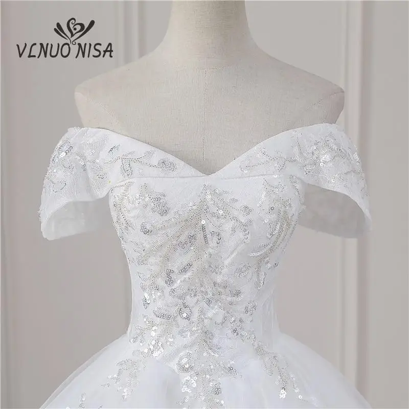 Real Video Off Shoulder V Neck Wedding Dress Plus Size Vestido Noiva Luxury Sequined Bead Lace Embroidery Princess Bridal Gown