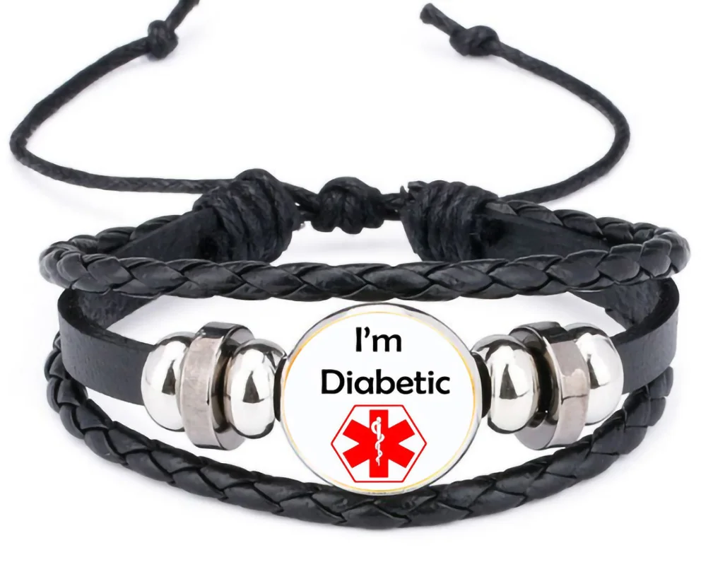 16mm Vintage I Have Diabetes Type 1 2 I\'m Diabetic Medical Alert  Snap Button Dome Glass Leather Bracelet