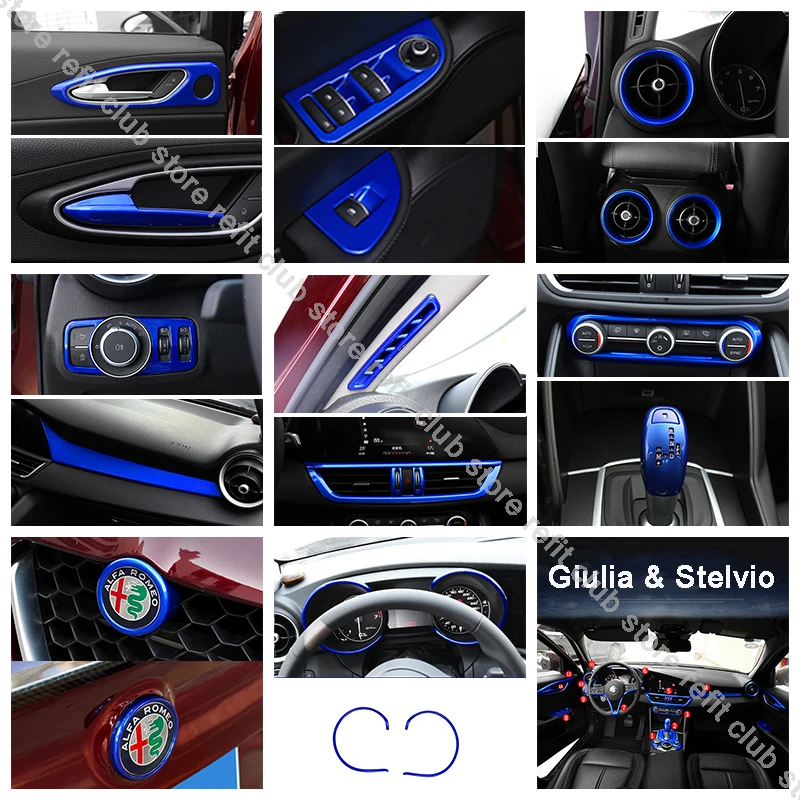 Blue Full Set Decoration Cover Stickers Trim Strip For Alfa Romeo Giulia Stelvio Interior Modification Accessories