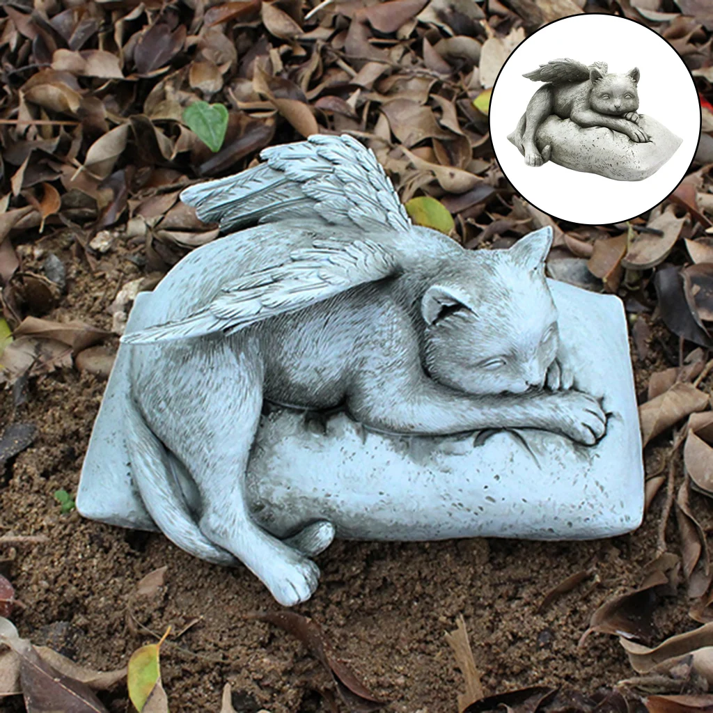 Angel Cat with Garden Statue, Sleeping Kitten Decorative Memorial Gift, Home Outdoor Yard Lawn Figurine Home Decor