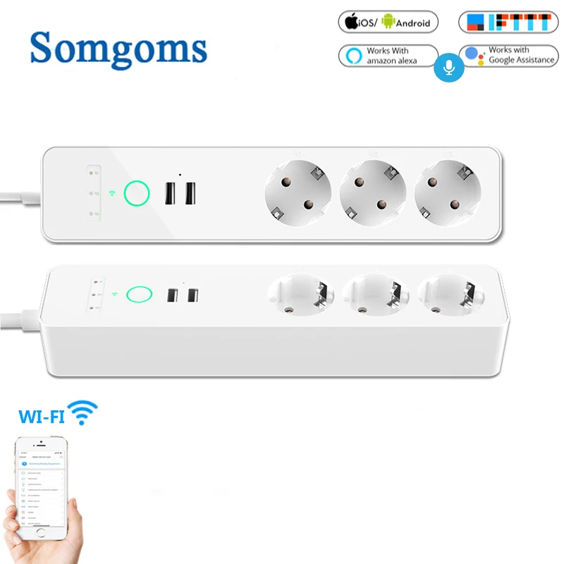 

EU Wifi Smart Power Strip 3 Outlets Plug 2 USB Charging Port Timing Tuya App Voice Control Work with Alexa Google Home