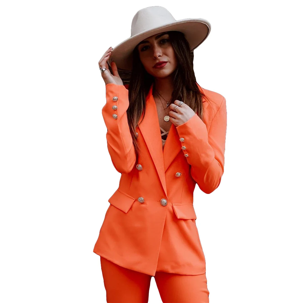 Nieuwe Lente Oranje Vrouwen Bruiloft Smoking Double Breasted Moeder Van De Bruid Broek Past Prom Avond Party Outfit (Jas + Broek)