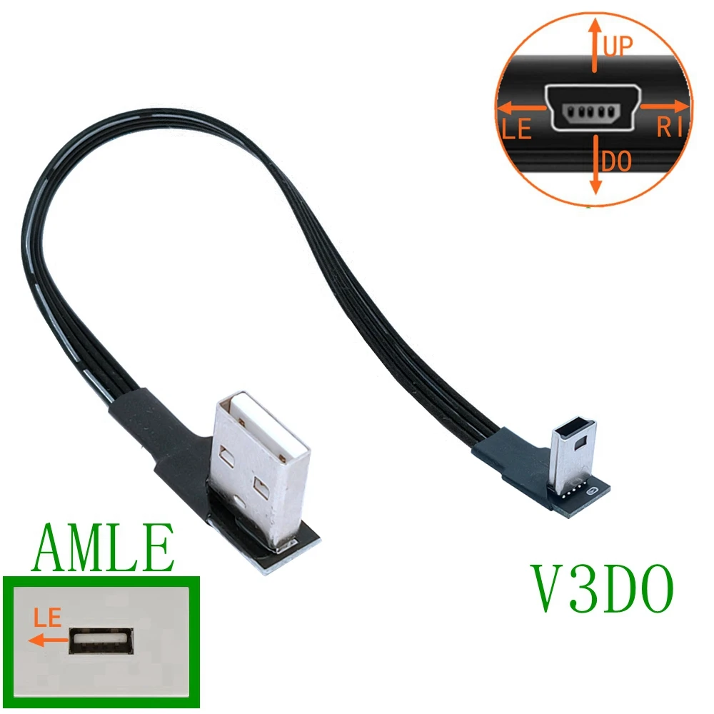 Mini USB tipo B, Cable de datos macho de 5 pines, arriba, abajo, izquierda, derecha, ángulo de 90 grados a USB 2,0