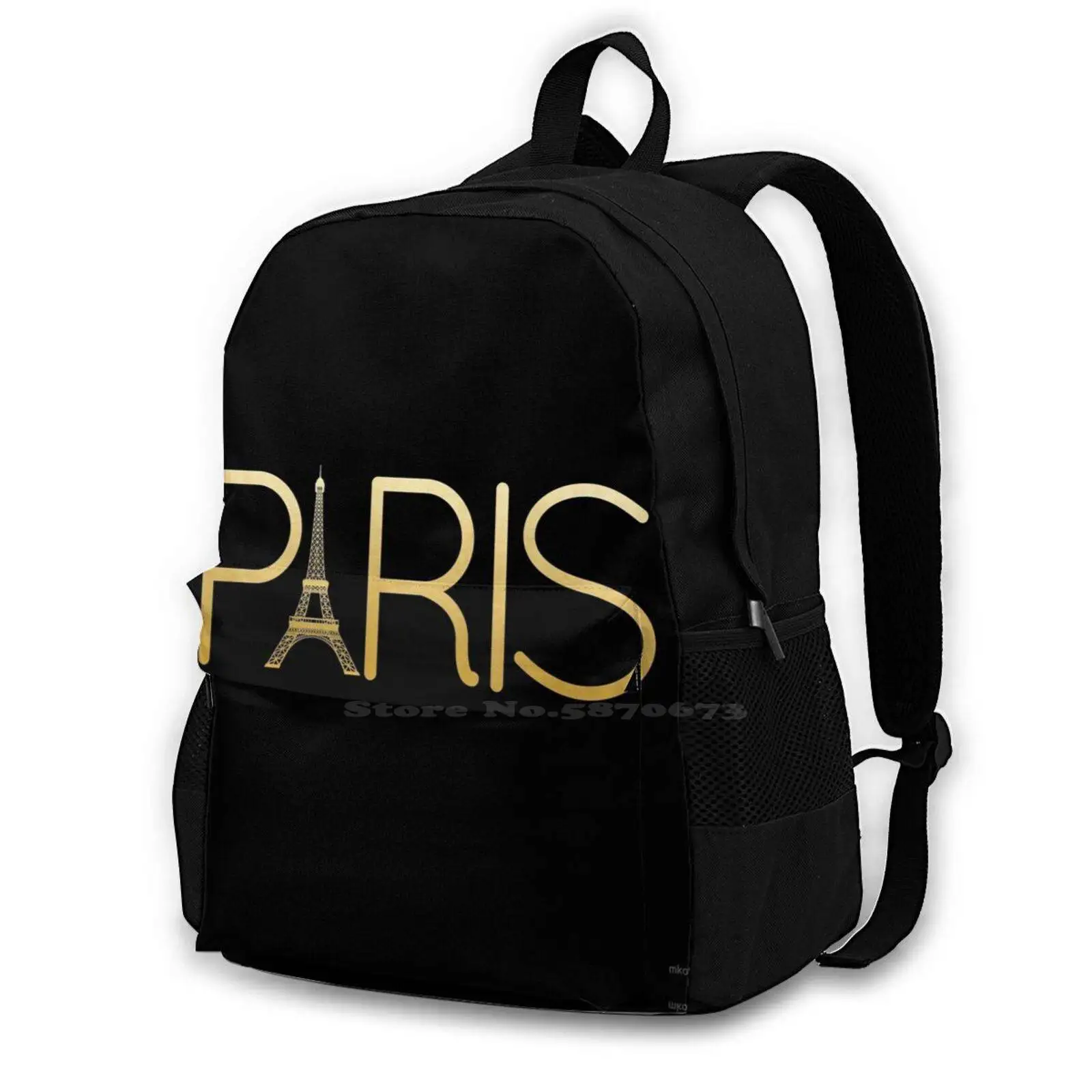 Paris-Gold Teen College Student Backpack Laptop Travel Bags Paris City Of Love Eiffel Tower France French Gold City Europe