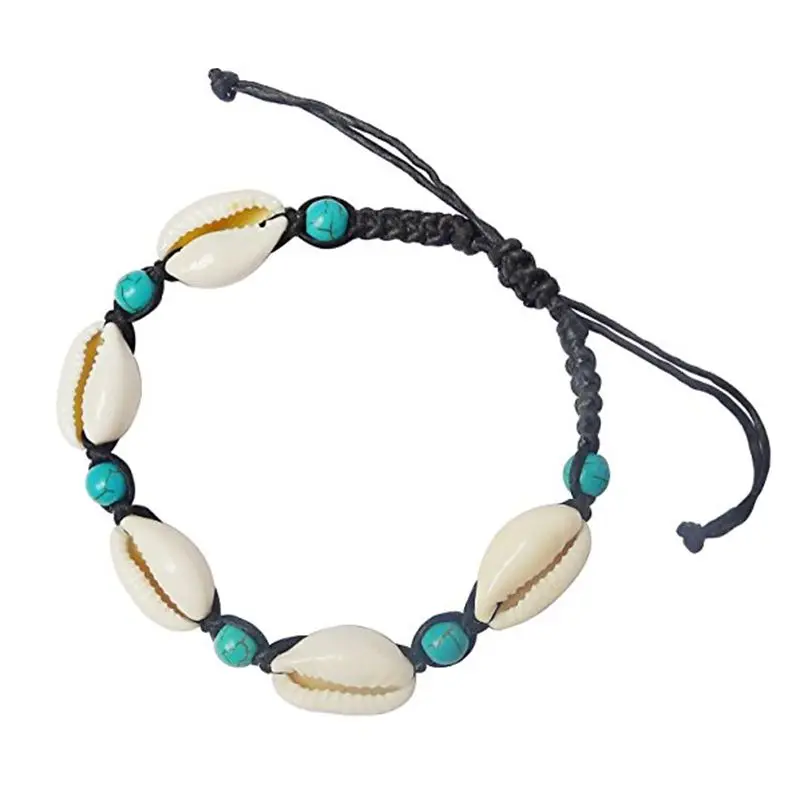 Handwoven Turquoise-blue Beads Cowrie Shell Wax Cord Bracelet Anklet 6.5-11 Inches