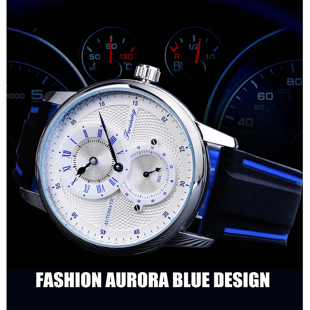 Forsining Luxury Men White Blue Automatic Wristwatch Transparent Waterproof Mechanical Watch Silicone Band Casual Sport Clock