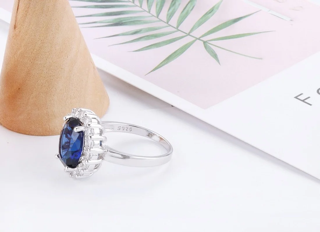 Anillo de princesa de corte 3.2ct con zafiro azul, joyería de compromiso con dijes de plata 925 originales para mujer