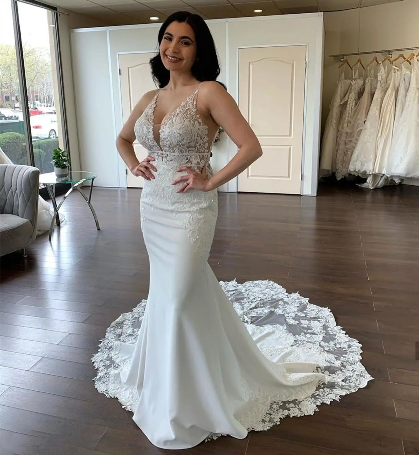 E jue shung praia sereia vestidos de casamento com decote em v boho vestidos de noiva rendas apliques botão voltar vestidos de casamento robe de mariage