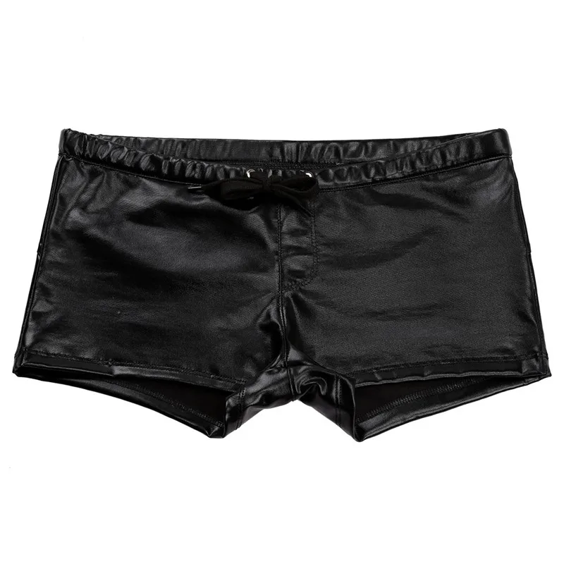 Mens Boxer Shorts Shiny Patent Leather Elastic Waistband Drawstring Shorts for Gym Workout Running Sportswear