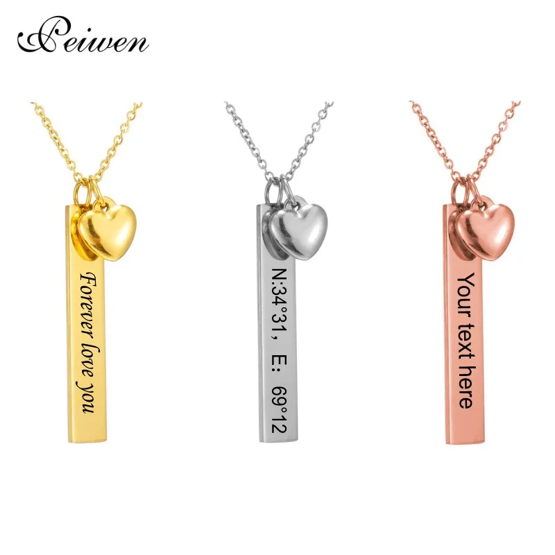 Personalized Custom Bar Name Necklace Stainless Steel Heart Pendant Necklaces Women Men Gold Engraving Nameplate Choker Necklace