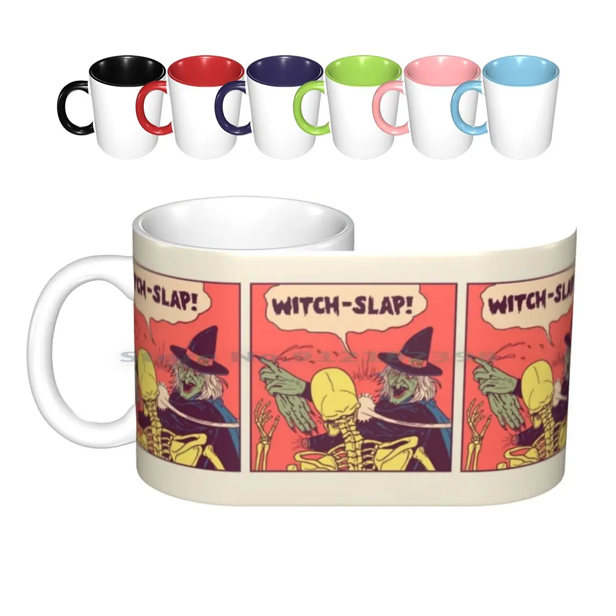 

Керамические кружки Witch-Slap, кофейные чашки, Кружка для молока и чая, кружка ведьмы, Хэллоуин, комикс-панель, винтажные, скелет, страшные