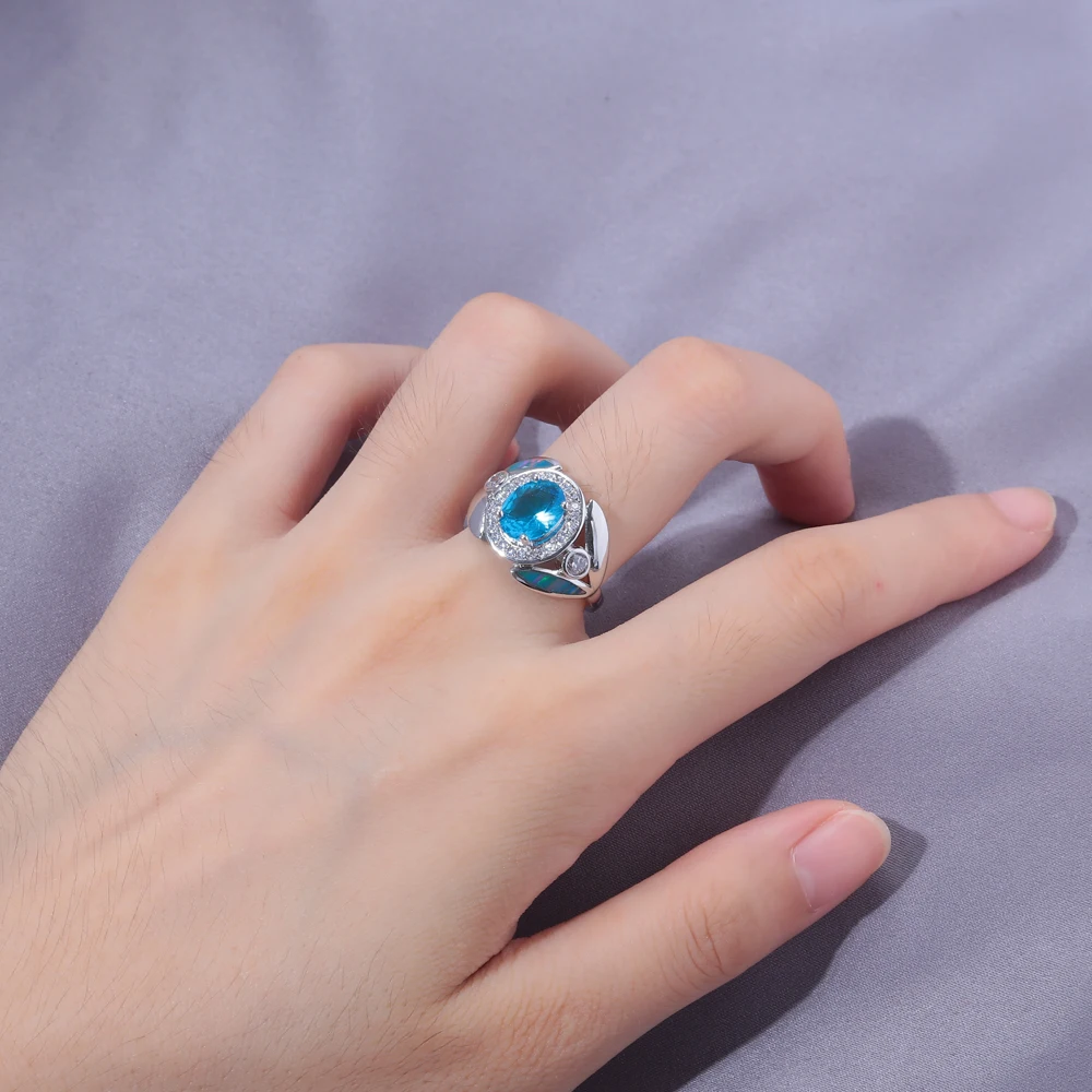 CiNily Created Rainbow Fire Opal Rings with Blue Stone Cubic Zirconia Silver Plated Ring For Women Jewelry Gift Ring Size 6-9