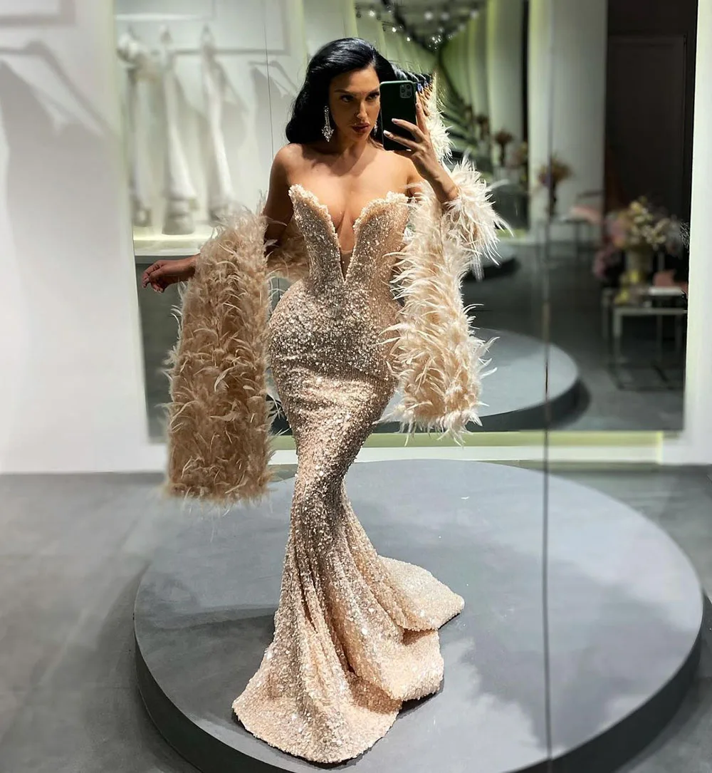 Sevintage Glamorous Feathers Mermaid Sequin ชุดราตรี V คอดูไบผู้หญิง2021ชุดราตรีคนดังอย่างเป็นทางการ