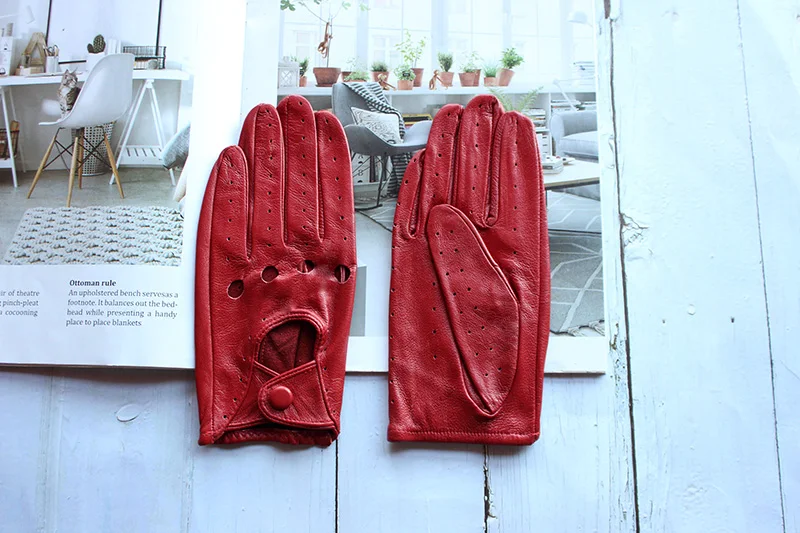 Women's Summer Full Finger Leather Gloves Breathable Single-Layer Sheepskin Fashionable Short Motorcycle Riding Gloves