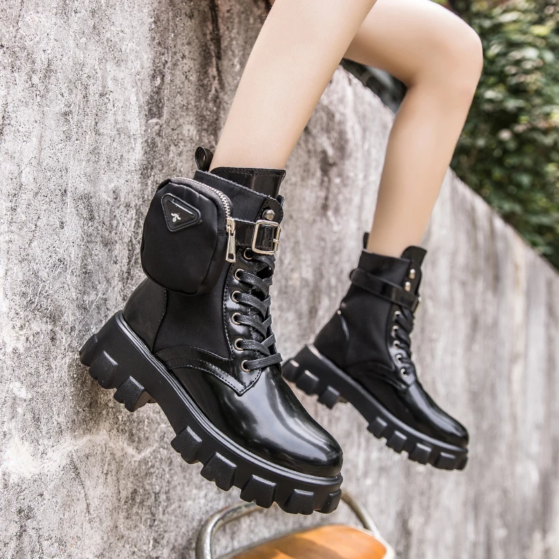 New Fashion Autumn Winter Women Mid-Calf Bootie Storage Pocket Buckle Strap Motorcycle Boots Shiny Leather Flat Platform Boots