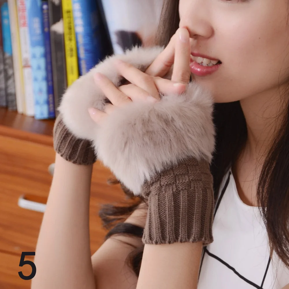 New Winter Solid Color Faux Rabbit Fur Mitten Arm Warmers Sleeve Cover Fingerless Wrist Gloves Knitted Fashion Soft Women Gloves