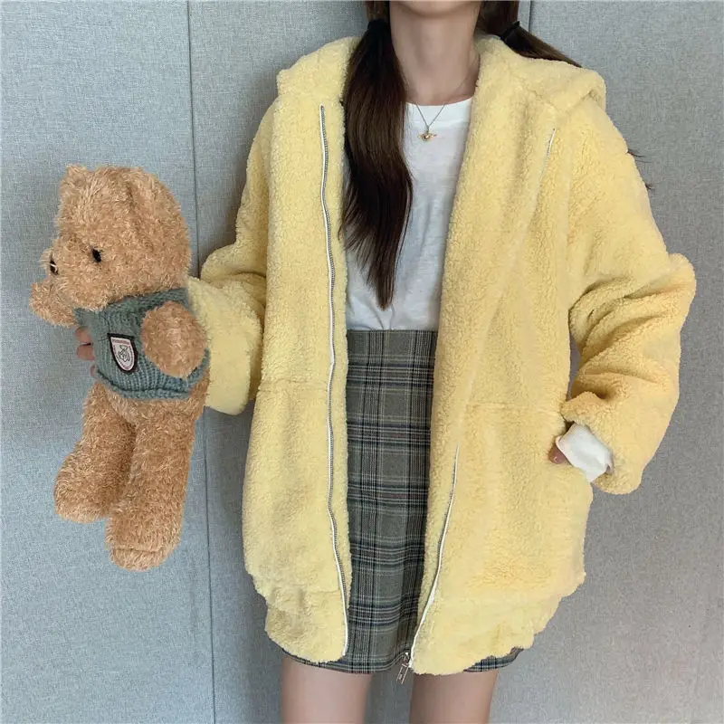 Lamb Wool Cute Ears Hoodies Women\'s Sweatshirt Plush Thicken Zipper Jacket Winter Long Sleeve Loose Coat