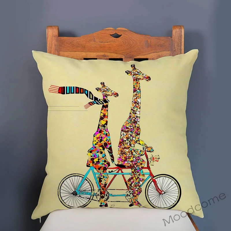 Lovely Cartoon Giraffe Bear Woodland Animals Infant Room Dec. Cute Animals Bicycles Soft Velvet Pillowcase Line Cushion Cover