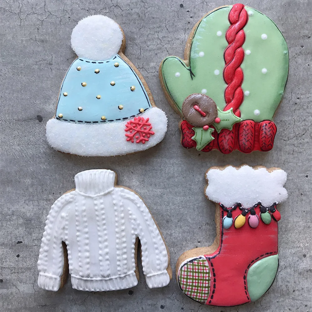 KENIAO Winter Christmas Cookie Cutter - 4PC - Hat, Mitten, Ugly Sweater, Stocking Biscuit Sandwich Bread Molds - Stainless Steel