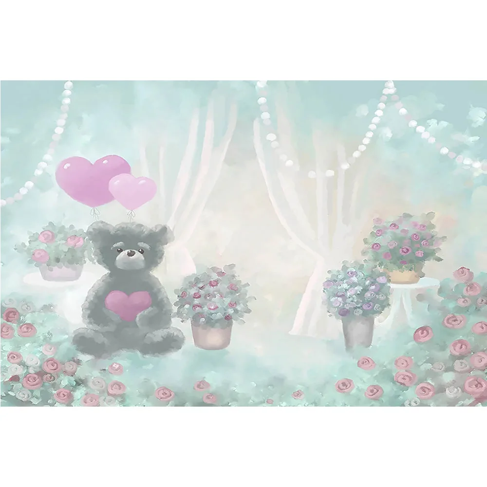 Lễ Tình Nhân Chụp Ảnh Gấu Hoa Tình Yêu Chân Dung Phông Nền Hoa Sơn Dầu Trẻ Em Sinh Nhật Nền Trắng Màn