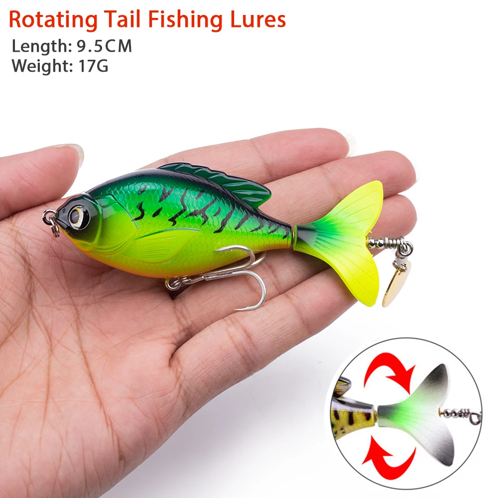 Hanlin Rotate Tail Popper Lure 9.7cm/16.6g Topwater Wobble Fishing Lures Crankbait Artificial Bait Hard Bass Pike Tackle