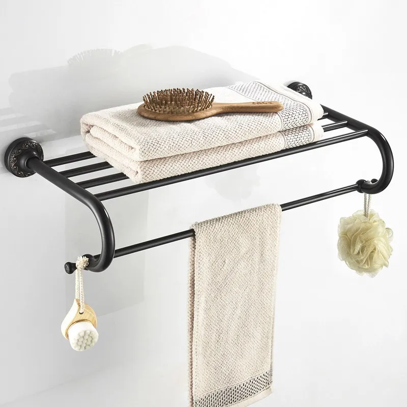 

Black Oil Rubbed Bronze Black Brass Bath Towel Rack Bathroom Towel Holder Double Towel Shelf Bathroom Accessories