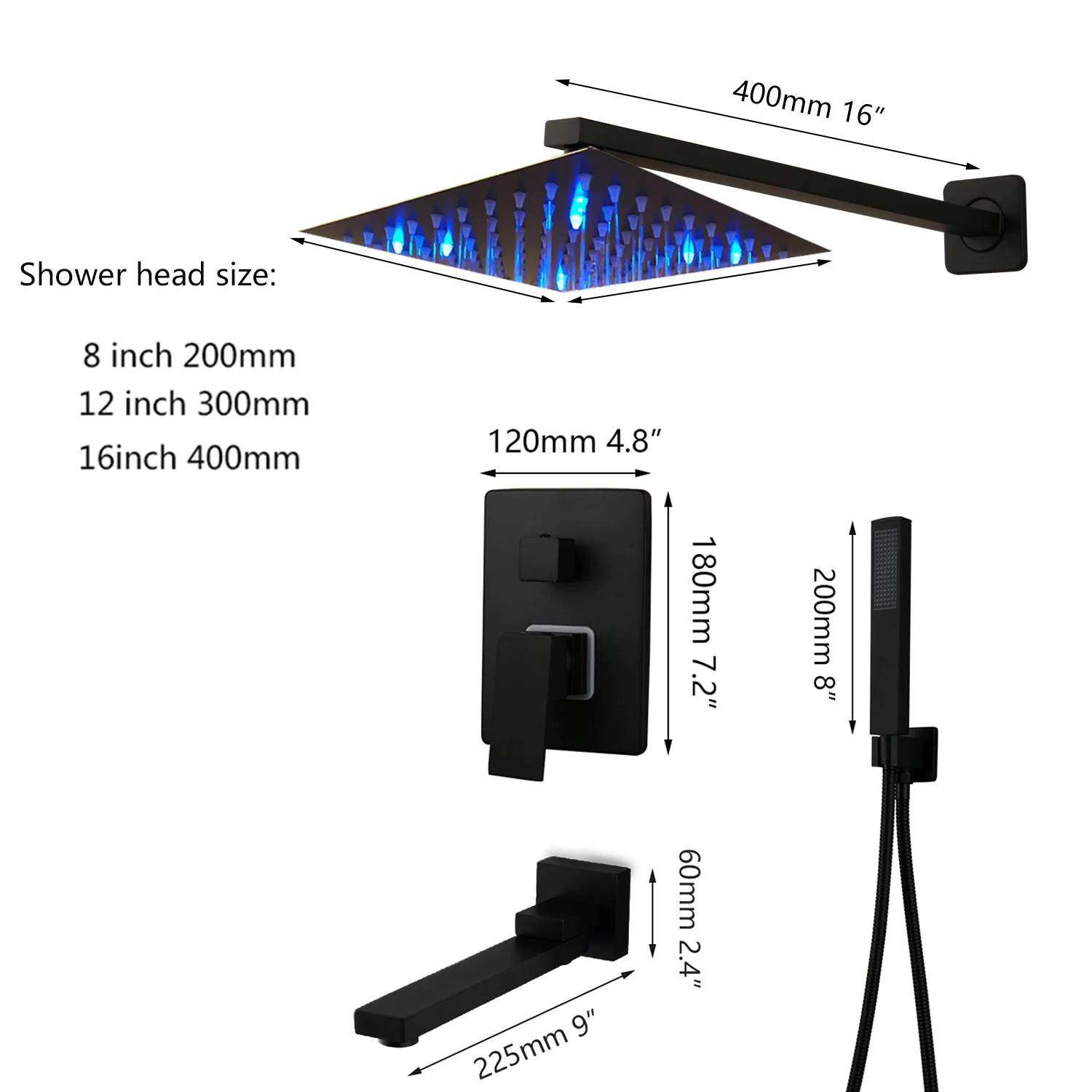 Imagem -02 - Torayvino Kits de Torneira do Chuveiro do Banheiro Preto Fosco Chuvas Banheira Led Chuva Praça Cabeça Chuveiro & Bica Giratória Conjunto