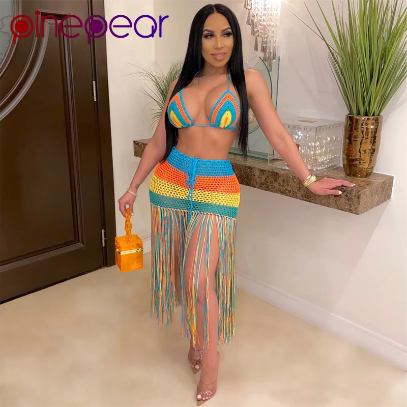 

PinePear 2023 Summer Colourful Fishnet Knit Bra and Tassel Skirt Two Piece Suit Women Swim Bikini Set Beach Wear Drop Shipping