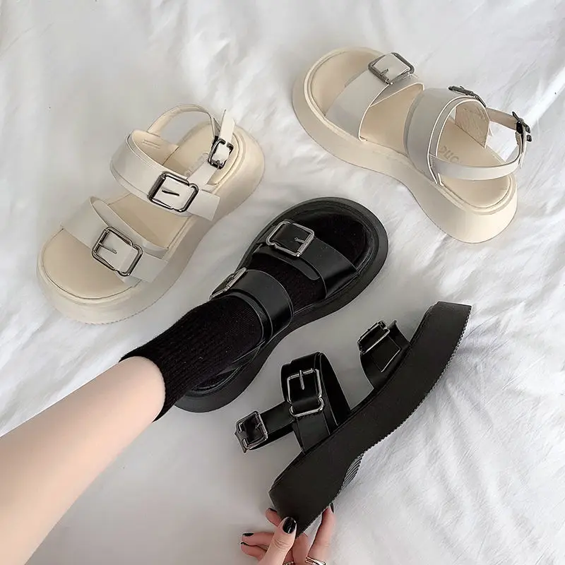 Summer Women Sandals Platform Chunky Heel Flat Metal Buckle Female Shoes Ladies Peep Toe Mujer Casual Daily Slingback Footwear