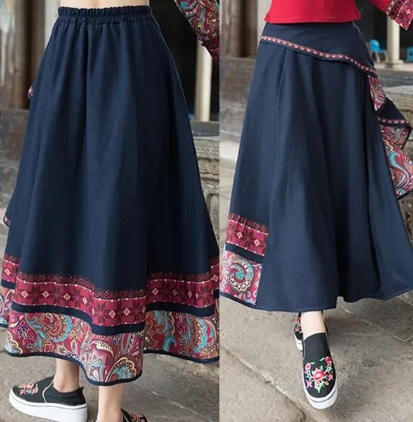 2023 New Cotton Linen Embroidery Women Skirt Ethnic Style High Waist Patchwork Skirts Womens Vintage Midi Mori Girl Skirts