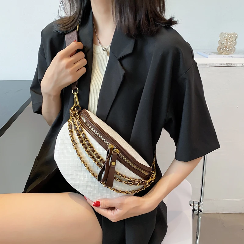 Riñonera Retro con cadena pequeña para mujer, bolso cruzado de cuero a cuadros para la cintura, bolso de pecho de diseñador de lujo, bolso con cinturón femenino