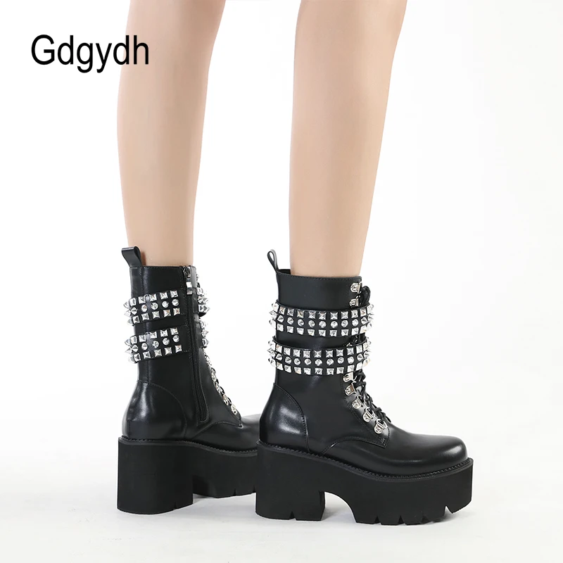 Gdgydh High Chunky Heels Boots Goth Rivets Ankle Strap Platform Boots Female Girlfriend Black Leather Mid Calf Boots Womens