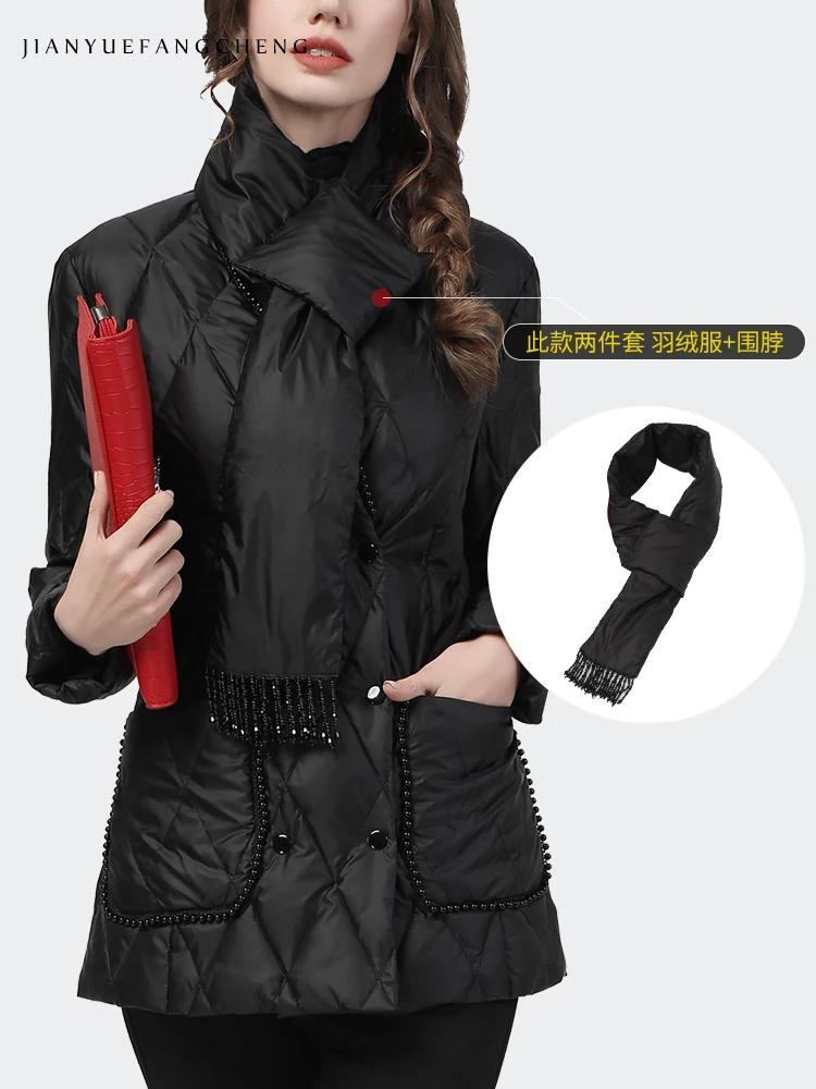 2021 Winter Women Down Jacket With Scarf 2 Pieces Warm Thickened White Duck Down Windproof Puffer Coat Elegant Slim Black Jacket