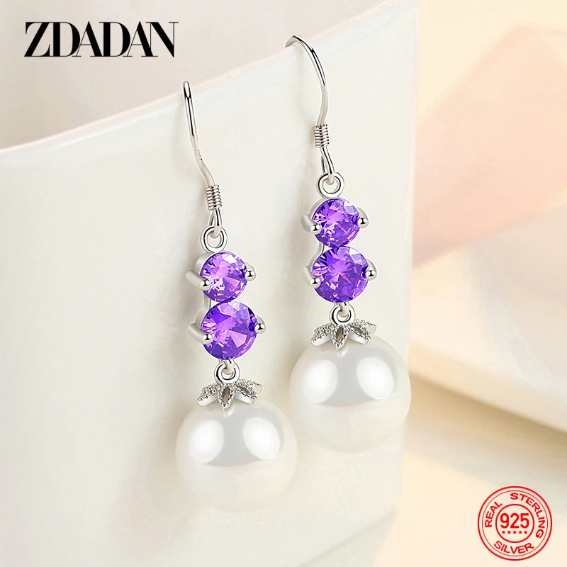 

ZDADAN 925 Sterling Silver Geometric Amethyst Pearl Earrings For Women Fashion Wedding Jewelry Gifts