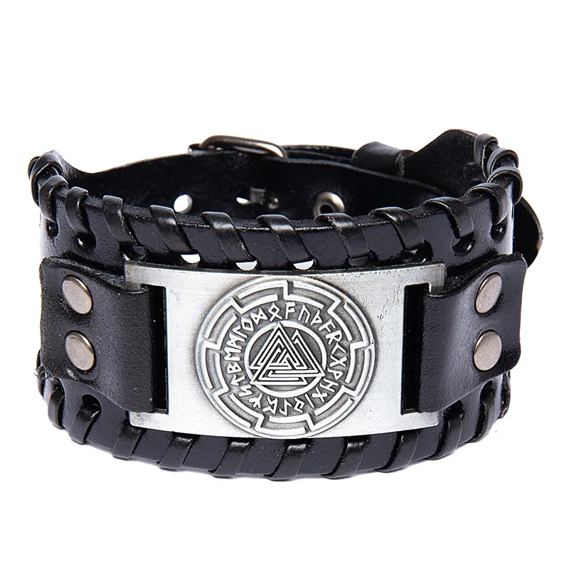 Trendy Totem Design Triangular Viking Rune Bracelet Men's Bracelet Genuine Leather Nordic Viking Accessories Jewelry Wholesale