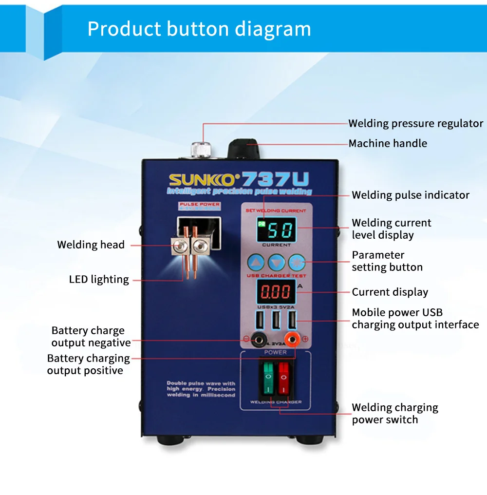 SUNKKO737U Small Household Mobile Power Charging Treasure 18650 Lithium Battery Pack Battery Spot Welding Machine Charging